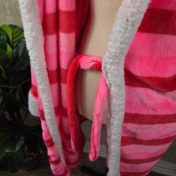 Em & Alfie One Size Red Pink Striped Plush Robe "Oh What Fun" Sequins on Back - Picture 11 of 13